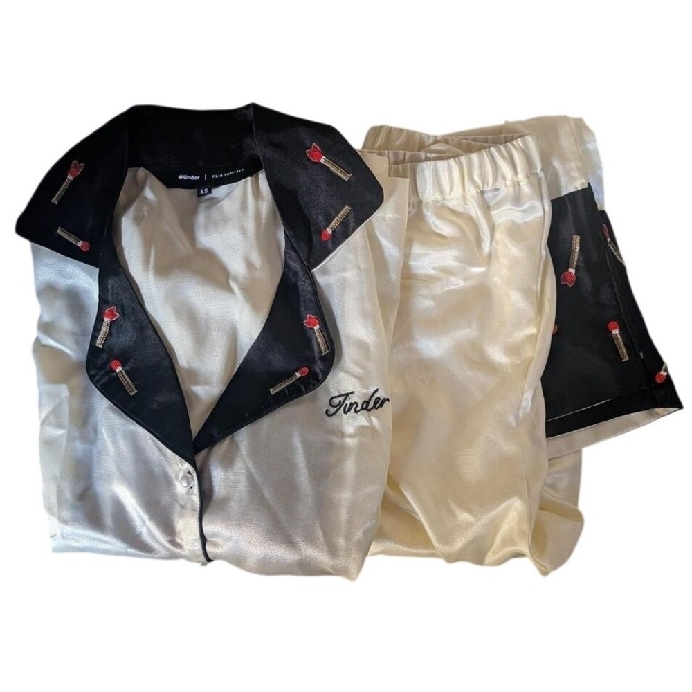 Tinder x Clio Peppiatt Beaded Matchstick Satin Pajama Set Ivory Black XS